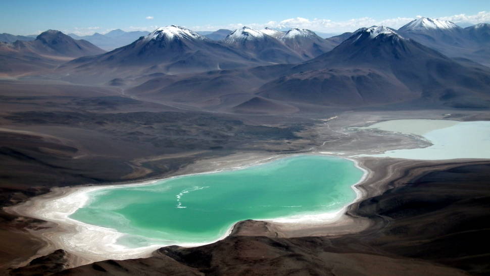 Laguna Verde and Laguna Blanca as seen from the summit of the Licancabur Volcano
