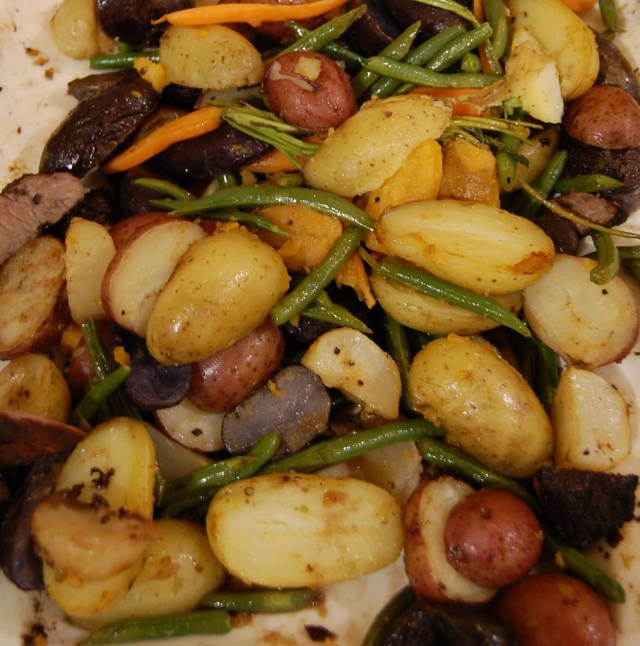Root vegetables with elk steak