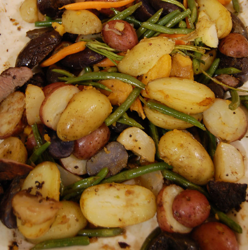 Root vegetables with elk steak