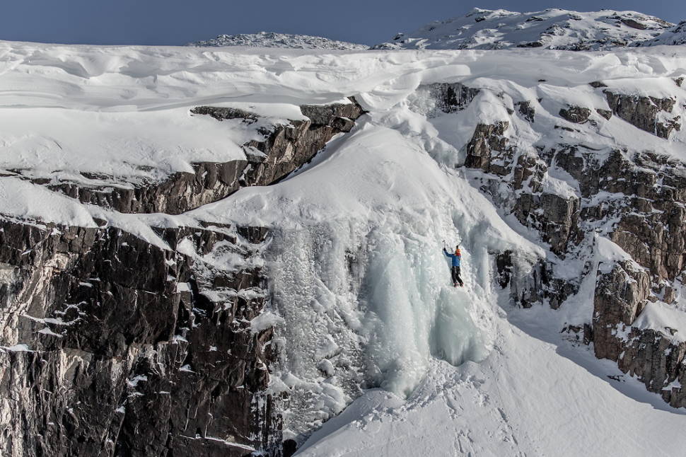 A frozen waterfall used for ice climbing near Ilulissat in Greenland