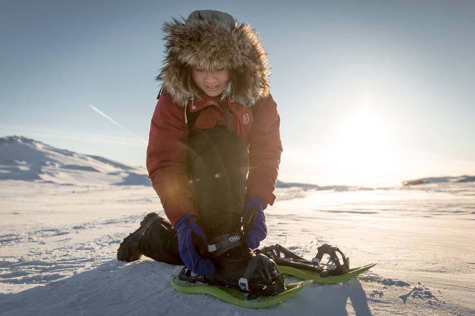 A snowshoer preparing for a walk near Ilulissat ice fjord