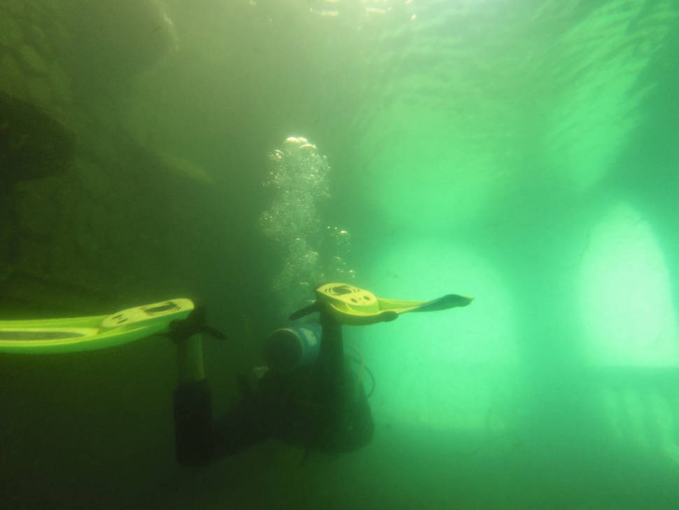 Inside part of the submerged hotel in the Lake Atitlán