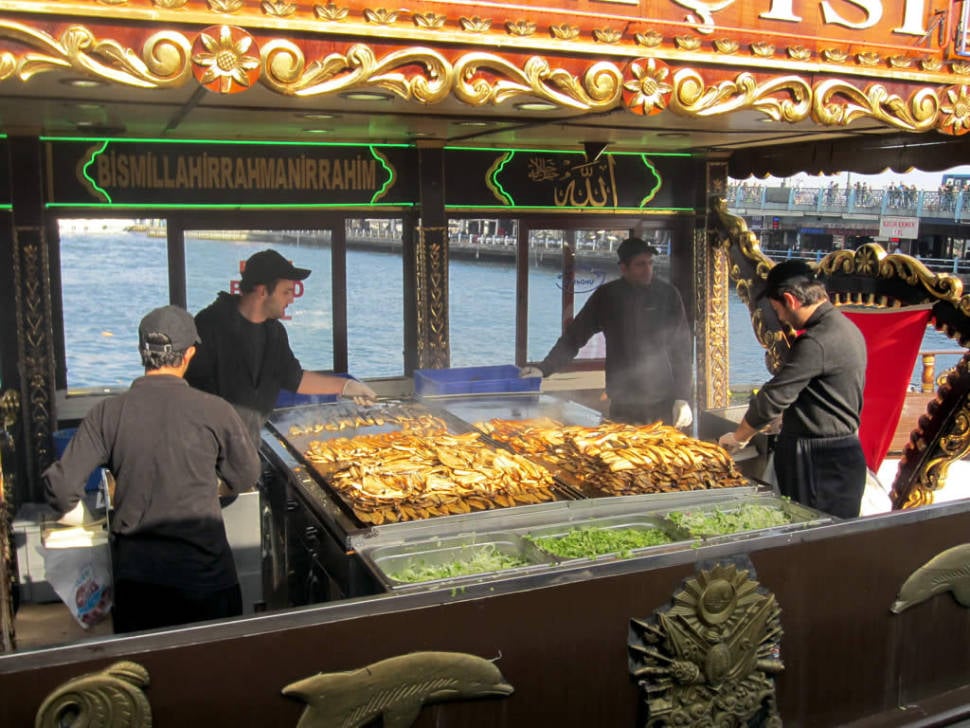 Fish sandwich sellers near the Galata Bridge, Istanbul