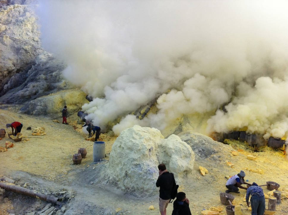 Sulfur miners at Kawah Ijen Crater
