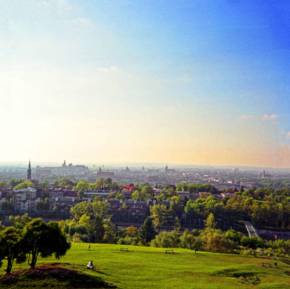 The green fields around the Krakus Mound—panorama of Krakow