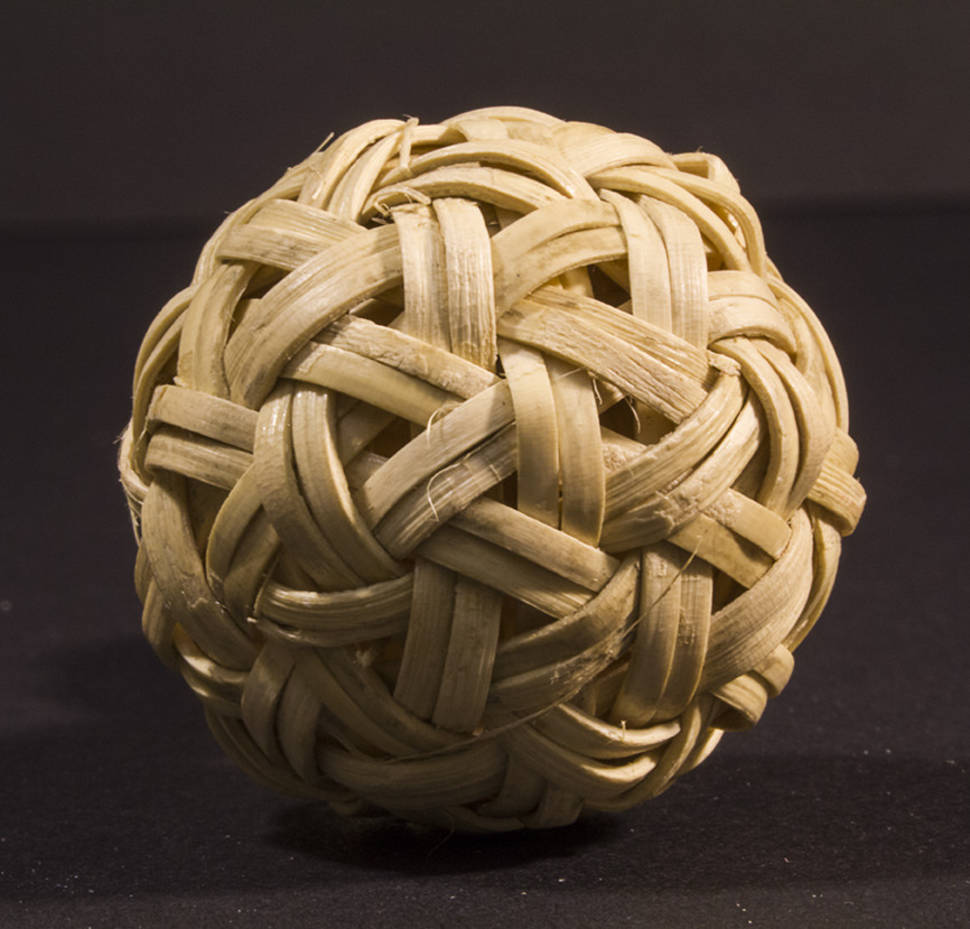 Miniature woven rattan ball bought at Scott Market, Yangon, 2.5 cm diameter