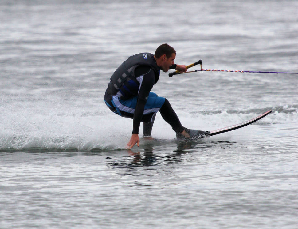 Water Skiing at sea coastline, Portmahomack