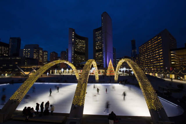 Nathan Phillips Square skating rink at night