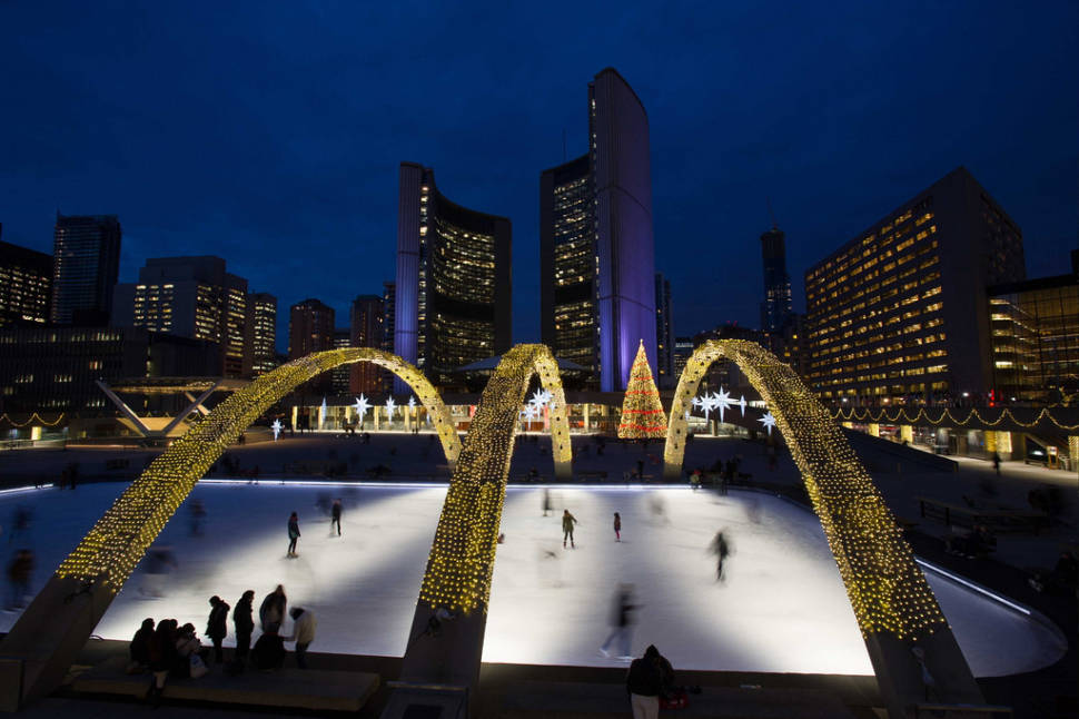 Nathan Phillips Square skating rink at night