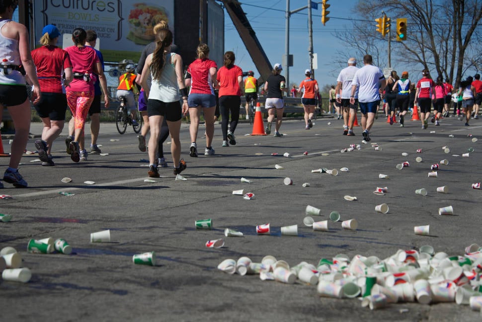 Tons of drink are consumed to prevent runners from dehydration