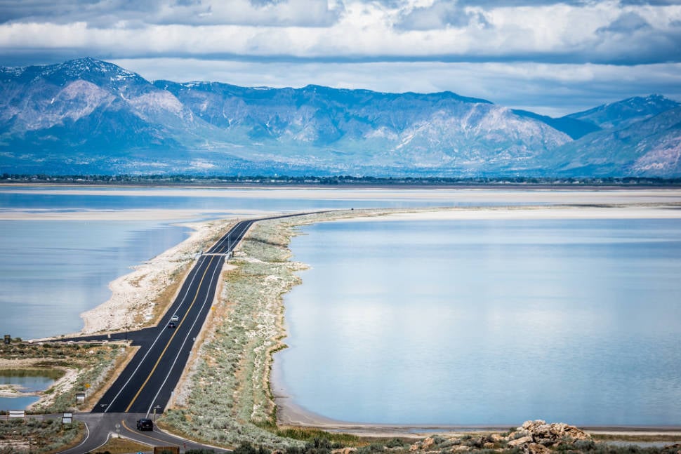 Lovely view of the road leading into Antelope Island State Park, Utah