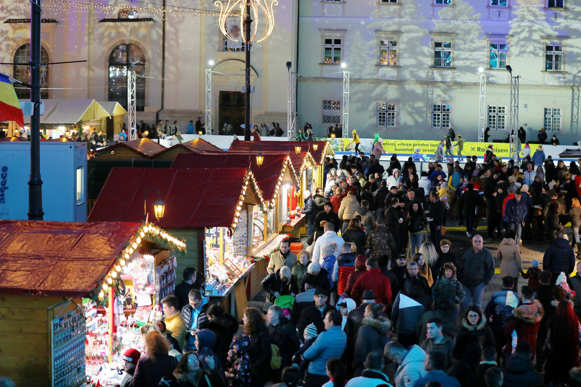 Christmas Market in Sibiu, Transylvania Romania. Beautifull sunset