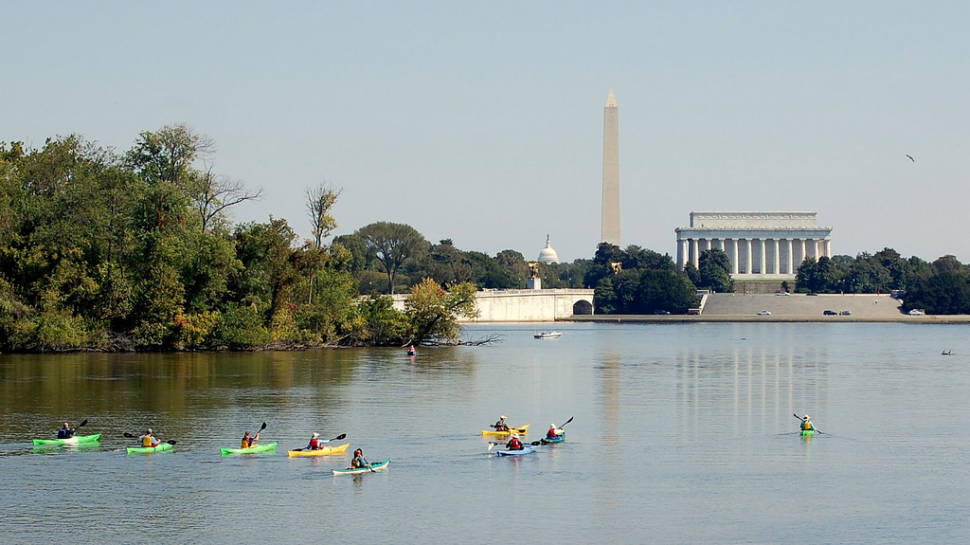 Kayakers enjoy a great view of the capital from the Potomac River on an early October day, 2008.